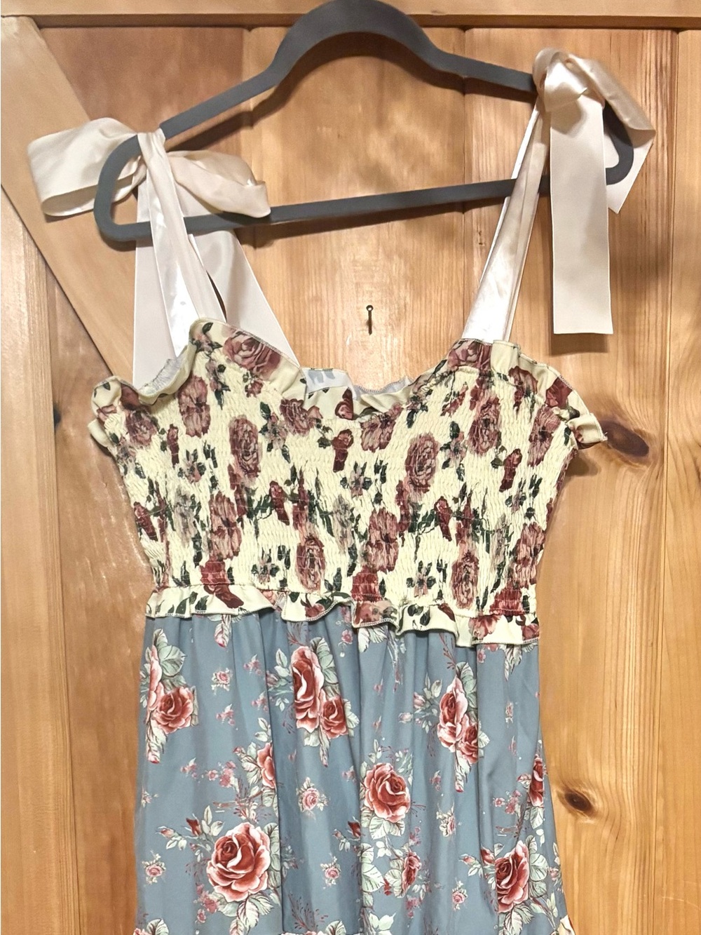 Floral Tiered Summer Dress for women - Cream, Blue & Rust